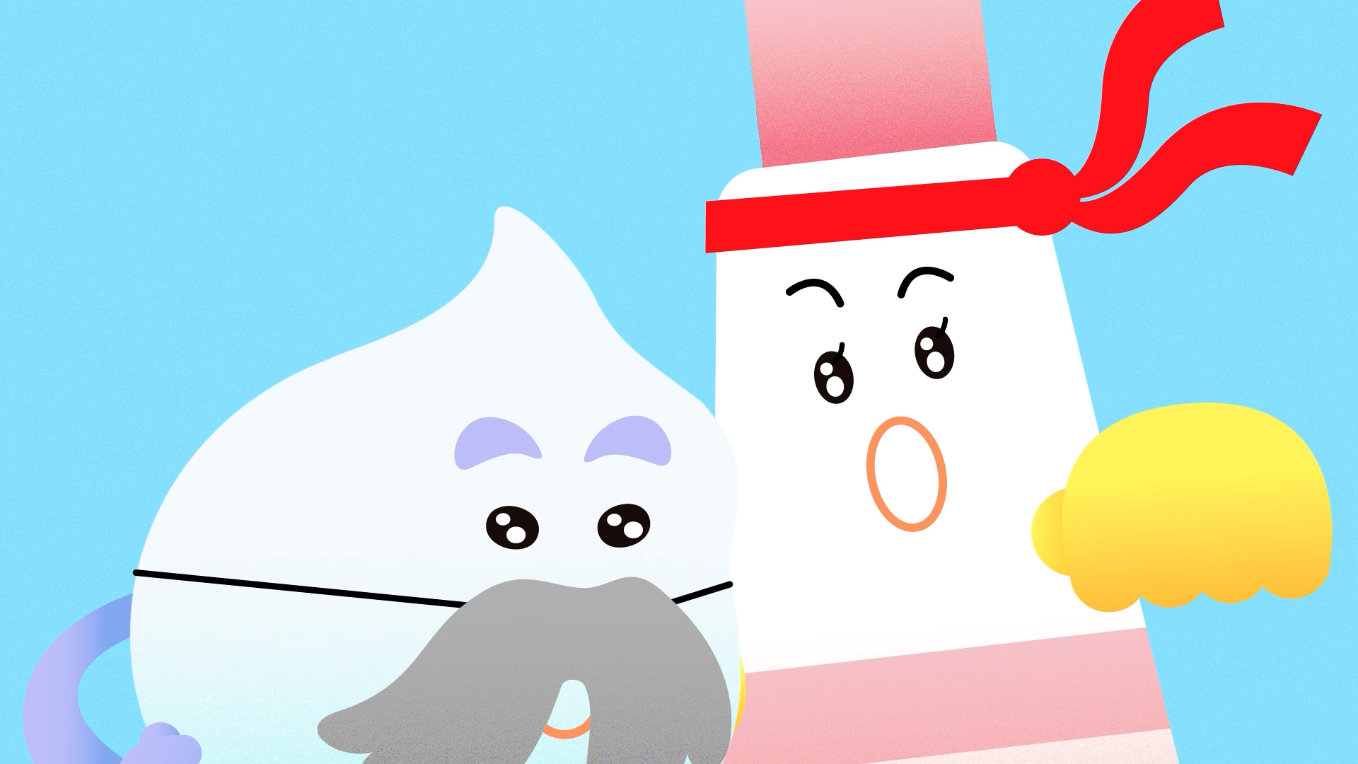 泡のキャラクター「あわぽん」とチューブ型キャラクター「ヌリンダ」が並んで映っているイラスト