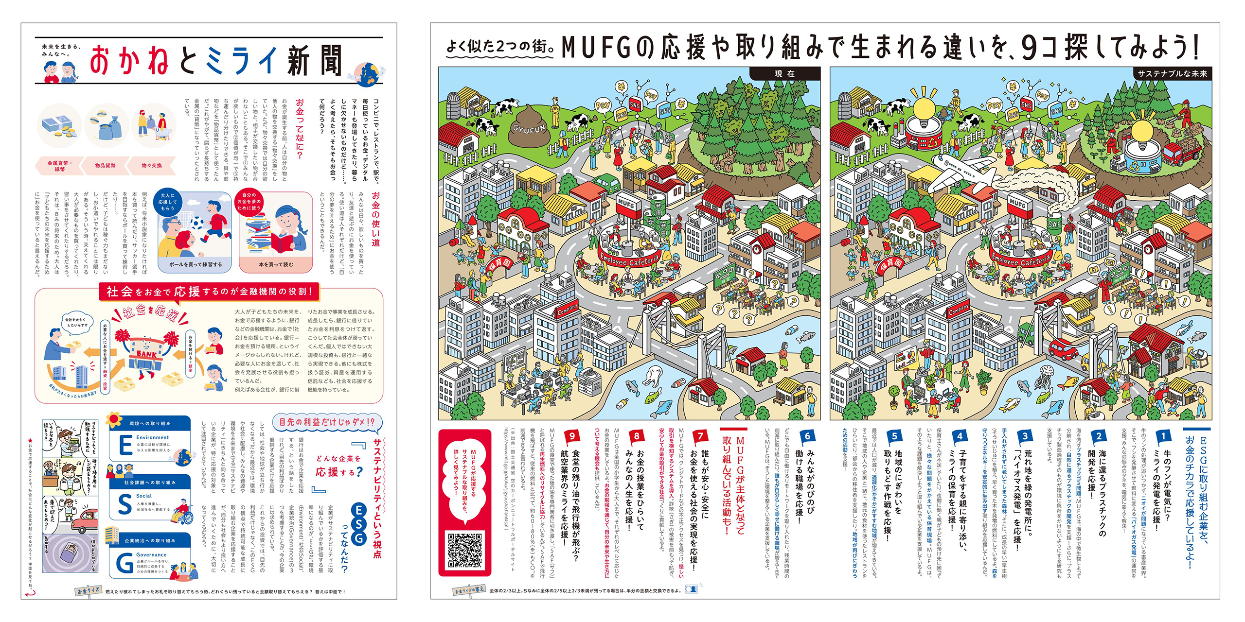 金融やサステナビリティについて学べる「おかねとミライ新聞」のメインビジュアルとして使用されている、紙面全体のレイアウトを示したイラスト